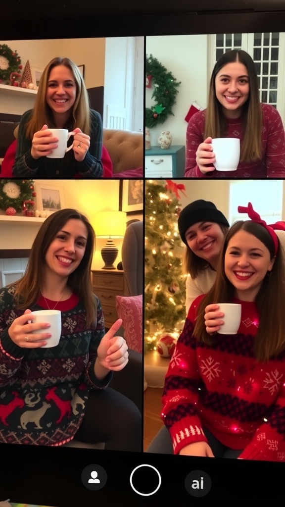 Virtual Christmas Games for Holiday Fun Friends on a video call celebrating Christmas with decorations and festive attire.